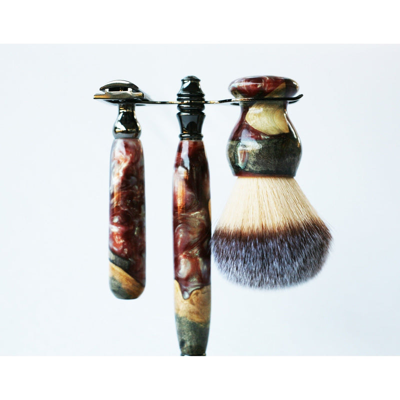 CreationsByWill Buckeye Burl Wood Hand Crafted Shave Set with 'Chameleon' Resin safety razor, 26mm lather brush and a matching shave stand. Shave Set