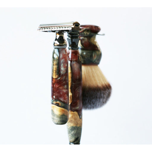 CreationsByWill Buckeye Burl Wood Hand Crafted Shave Set with 'Chameleon' Resin safety razor, 26mm lather brush and a matching shave stand. Shave Set