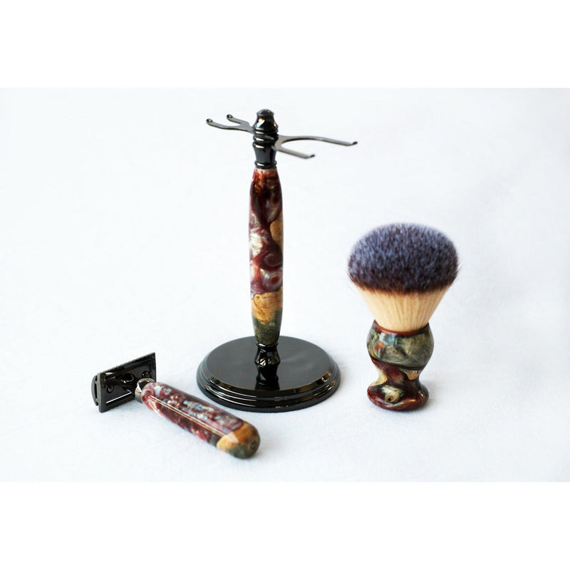 CreationsByWill Buckeye Burl Wood Hand Crafted Shave Set with 'Chameleon' Resin safety razor, 26mm lather brush and a matching shave stand. Shave Set
