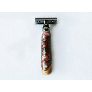 CreationsByWill Buckeye Burl Wood Hand Crafted Shave Set with 'Chameleon' Resin safety razor, 26mm lather brush and a matching shave stand. Shave Set