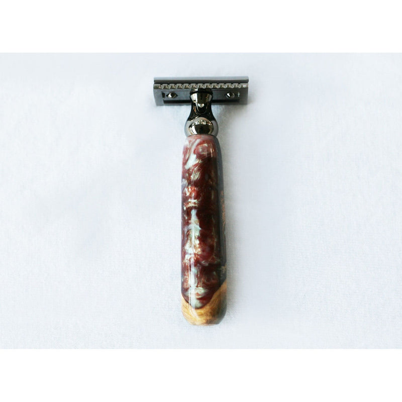 CreationsByWill Buckeye Burl Wood Hand Crafted Shave Set with 'Chameleon' Resin safety razor, 26mm lather brush and a matching shave stand. Shave Set