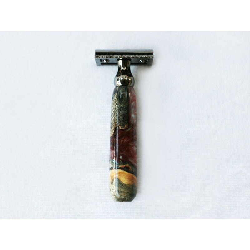 CreationsByWill Buckeye Burl Wood Hand Crafted Shave Set with 'Chameleon' Resin safety razor, 26mm lather brush and a matching shave stand. Shave Set