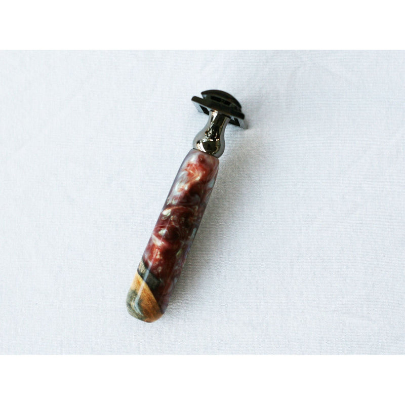 CreationsByWill Buckeye Burl Wood Hand Crafted Shave Set with 'Chameleon' Resin safety razor, 26mm lather brush and a matching shave stand. Shave Set