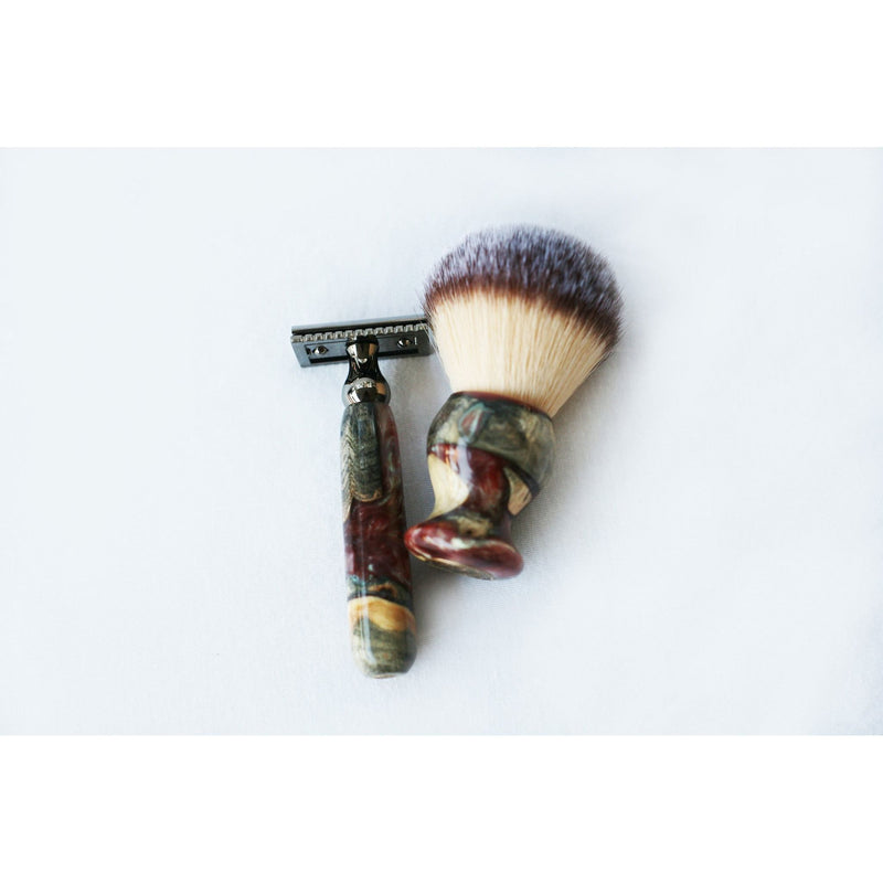 CreationsByWill Buckeye Burl Wood Hand Crafted Shave Set with 'Chameleon' Resin safety razor, 26mm lather brush and a matching shave stand. Shave Set