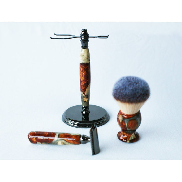 Creationsbywill - Buckeye Burl Shave Set With Gold And Red Swirl  Resin Safety Razor, 26Mm Lather Brush And A Matching Shave Stand.