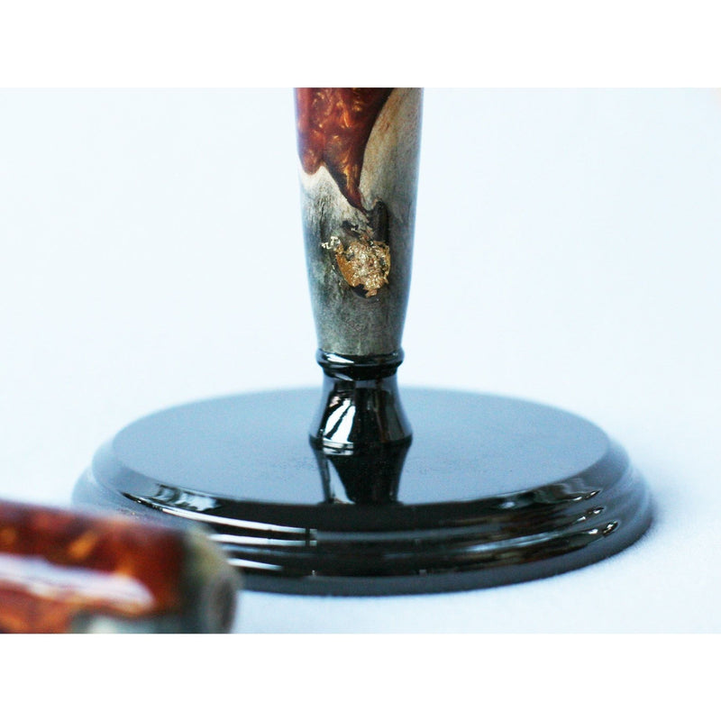 CreationsByWill Buckeye Burl Shave Set with Gold and red swirl  Resin safety razor, 26mm lather brush and a matching shave stand. Shave Set