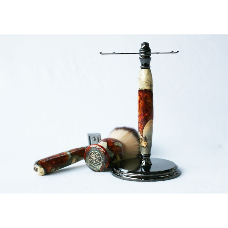 CreationsByWill Buckeye Burl Shave Set with Gold and red swirl  Resin safety razor, 26mm lather brush and a matching shave stand. Shave Set