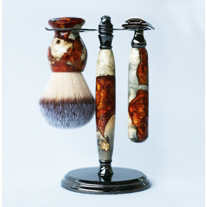 CreationsByWill Buckeye Burl Shave Set with Gold and red swirl  Resin safety razor, 26mm lather brush and a matching shave stand. Shave Set