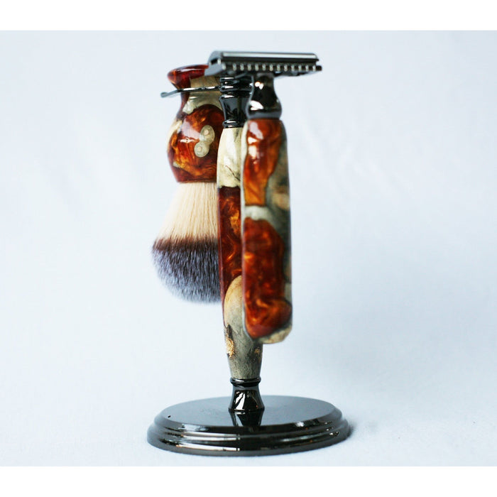 Creationsbywill - Buckeye Burl Shave Set With Gold And Red Swirl  Resin Safety Razor, 26Mm Lather Brush And A Matching Shave Stand.