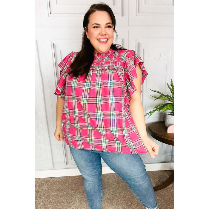 Fuchsia Plaid Shirred Yoke Flutter Sleeve Top