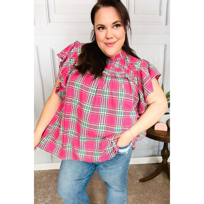 Fuchsia Plaid Shirred Yoke Flutter Sleeve Top