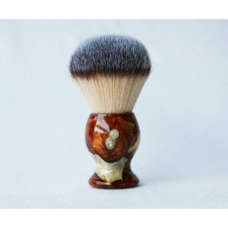 CreationsByWill Buckeye Burl Shave Set with Gold and red swirl  Resin safety razor, 26mm lather brush and a matching shave stand. Shave Set