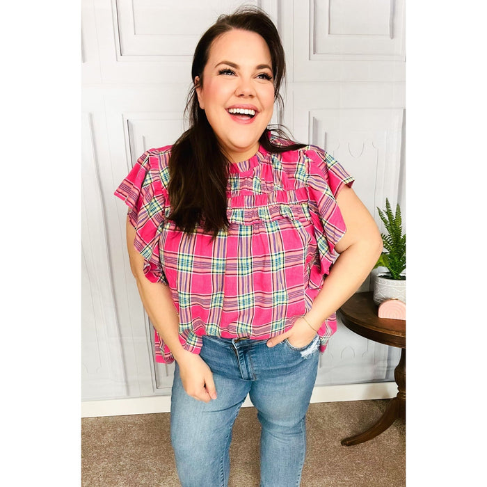 Fuchsia Plaid Shirred Yoke Flutter Sleeve Top