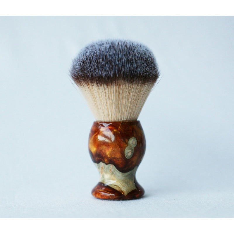 CreationsByWill Buckeye Burl Shave Set with Gold and red swirl  Resin safety razor, 26mm lather brush and a matching shave stand. Shave Set
