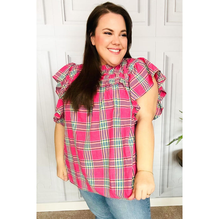 Fuchsia Plaid Shirred Yoke Flutter Sleeve Top