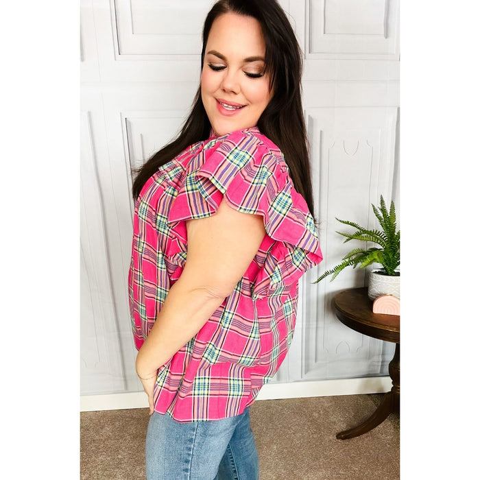 Fuchsia Plaid Shirred Yoke Flutter Sleeve Top