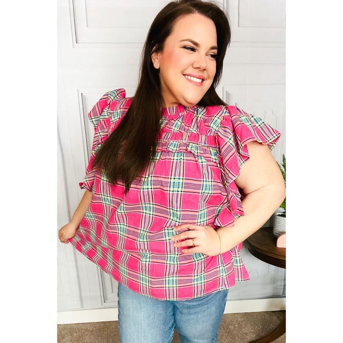 Fuchsia Plaid Shirred Yoke Flutter Sleeve Top