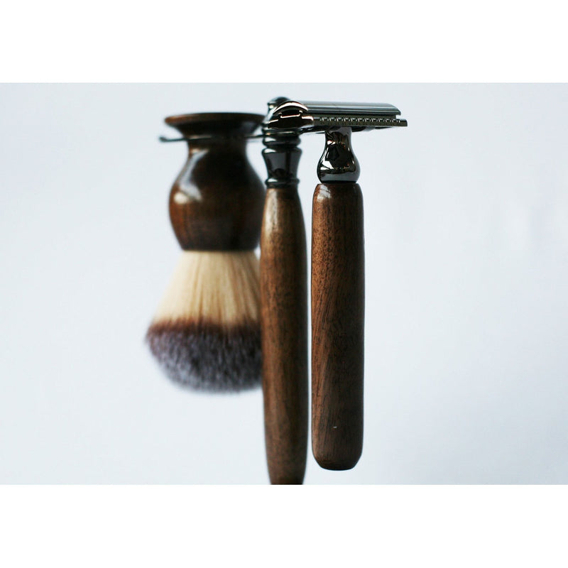 CreationsByWill Walnut Wood Hand Crafted Shave Set with Gunmetal Safety Razor Shave Set