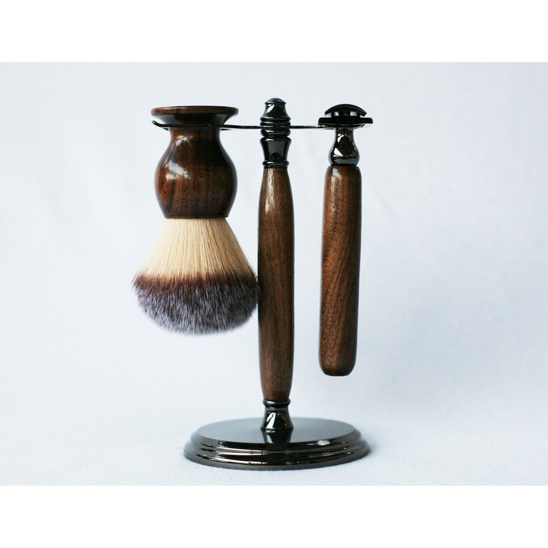 CreationsByWill Walnut Wood Hand Crafted Shave Set with Gunmetal Safety Razor Shave Set