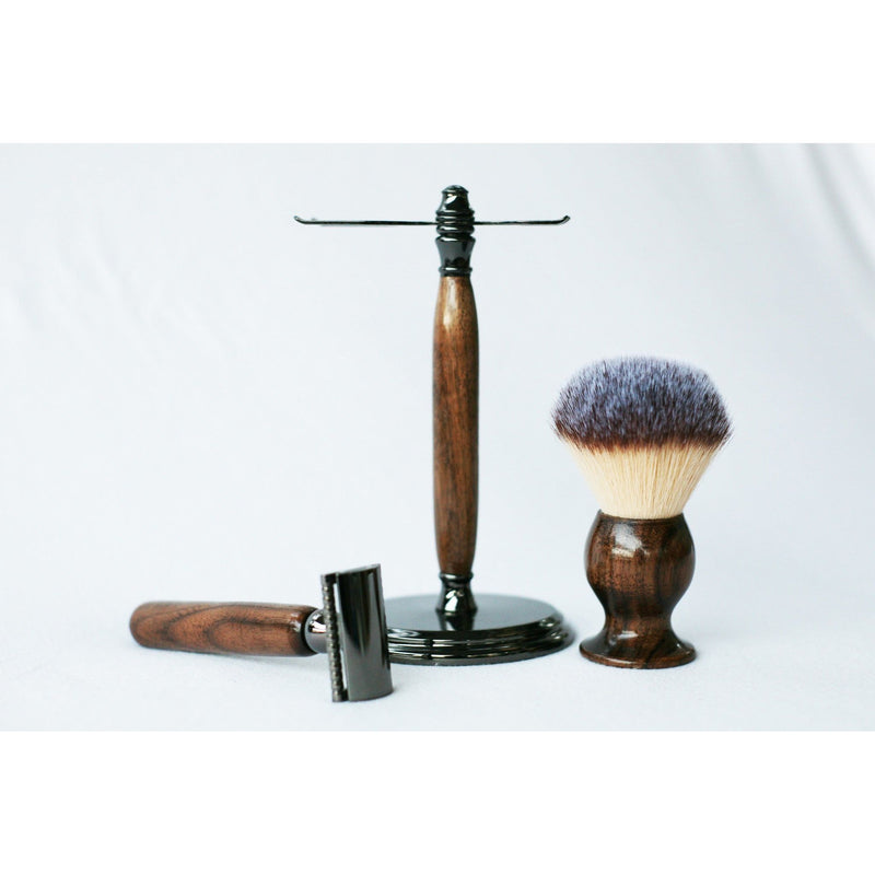 CreationsByWill Walnut Wood Hand Crafted Shave Set with Gunmetal Safety Razor Shave Set