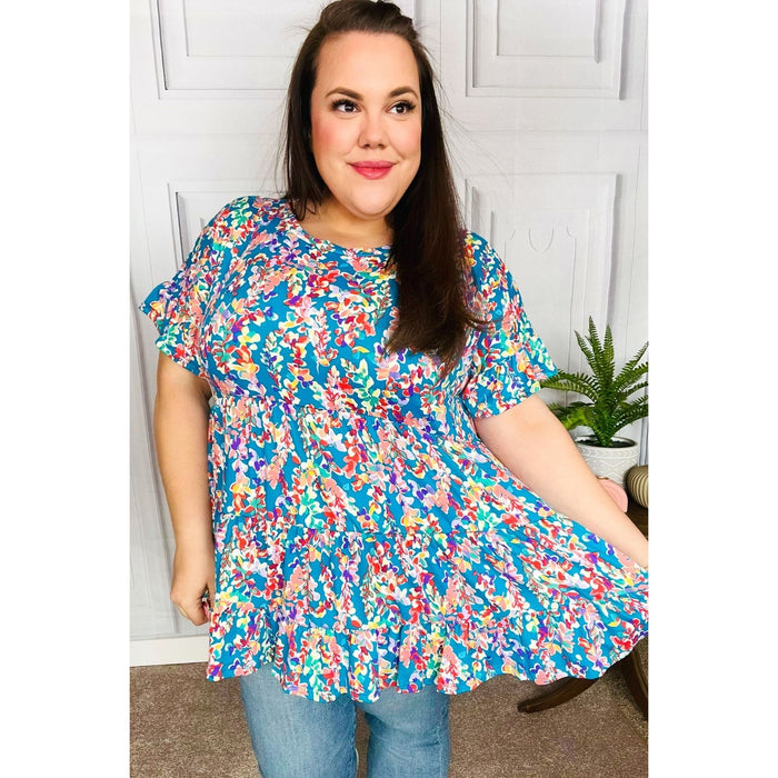 Blue Floral Ruffle Hem Tiered Top