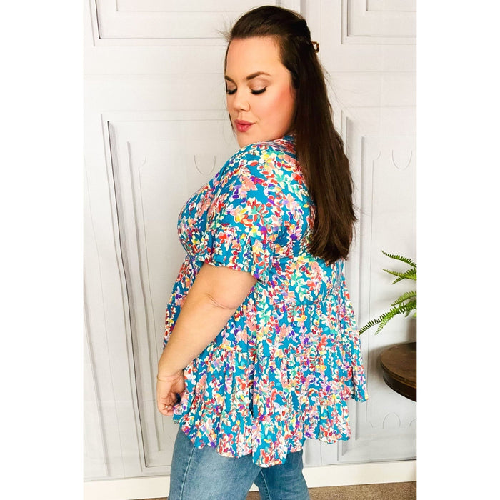 Blue Floral Ruffle Hem Tiered Top