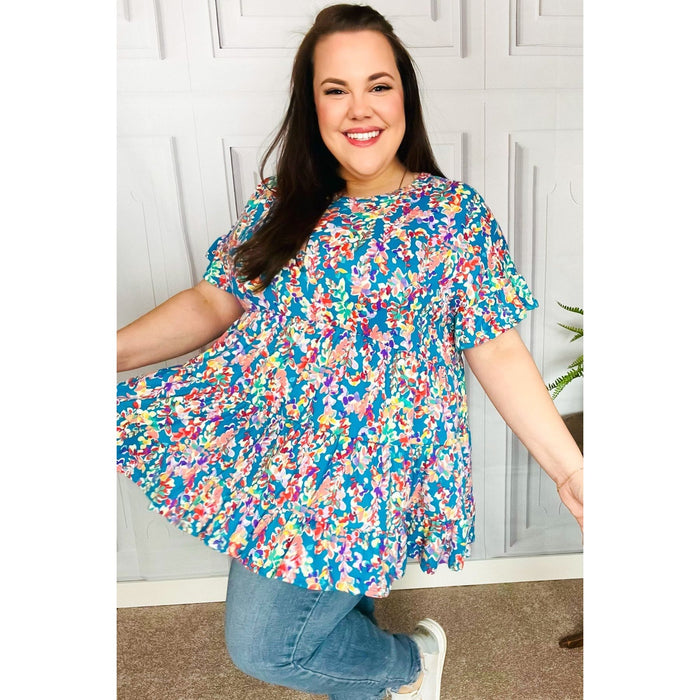 Blue Floral Ruffle Hem Tiered Top