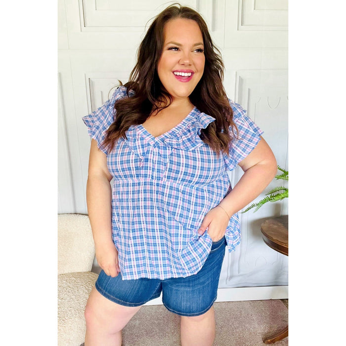 Hello Beautiful Blue Plaid V Neck Ruffle Elastic Babydoll Top