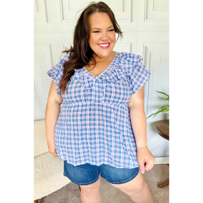 Hello Beautiful Blue Plaid V Neck Ruffle Elastic Babydoll Top