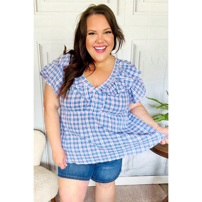 Hello Beautiful Blue Plaid V Neck Ruffle Elastic Babydoll Top