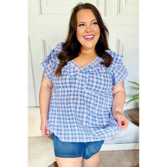 Hello Beautiful Blue Plaid V Neck Ruffle Elastic Babydoll Top