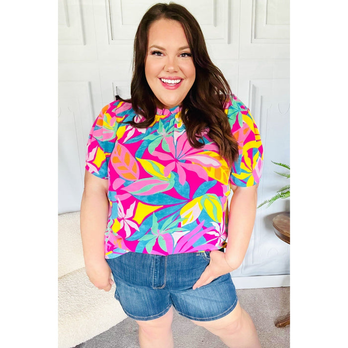 Vacay Ready Fuchsia Tropical Print Frill Mock Neck Top