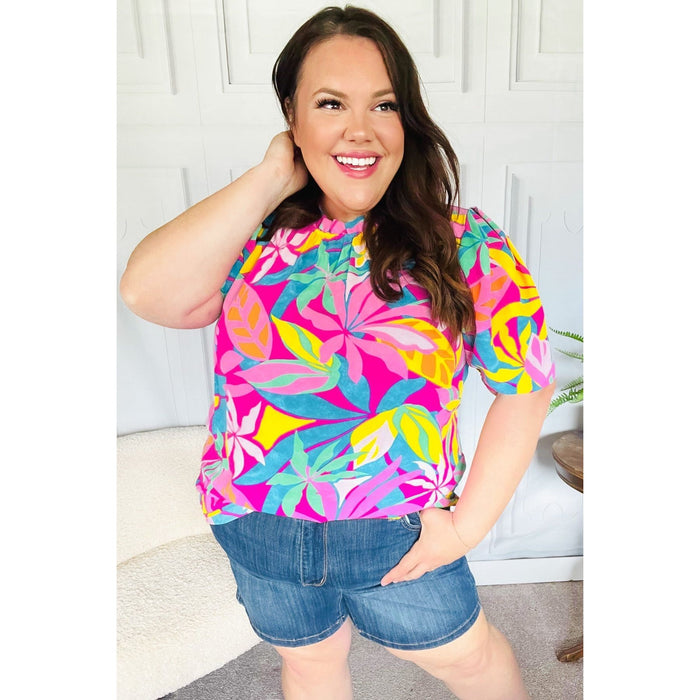 Vacay Ready Fuchsia Tropical Print Frill Mock Neck Top