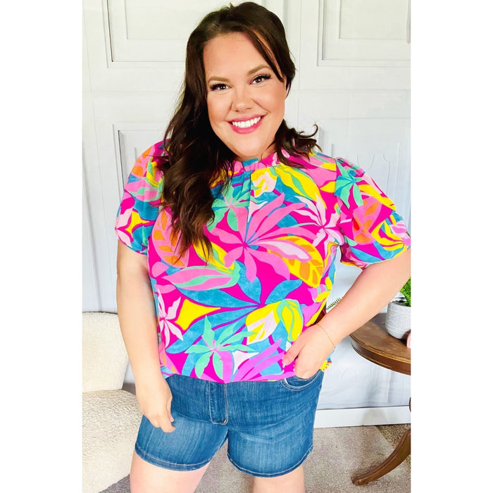 Vacay Ready Fuchsia Tropical Print Frill Mock Neck Top