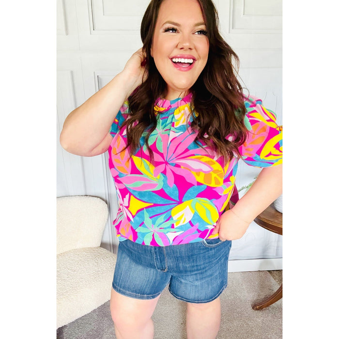 Vacay Ready Fuchsia Tropical Print Frill Mock Neck Top