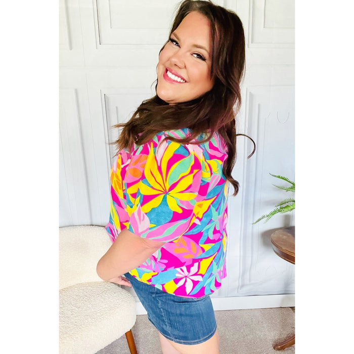 Vacay Ready Fuchsia Tropical Print Frill Mock Neck Top