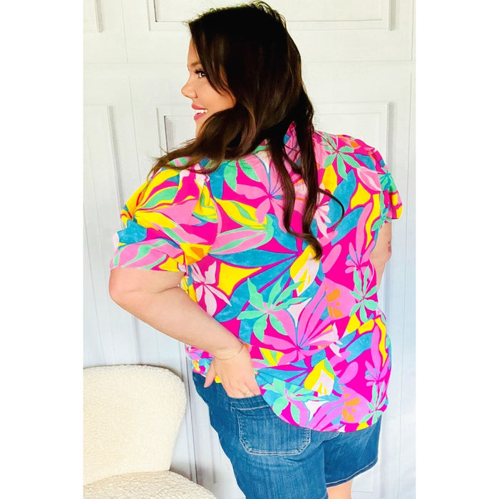 Vacay Ready Fuchsia Tropical Print Frill Mock Neck Top