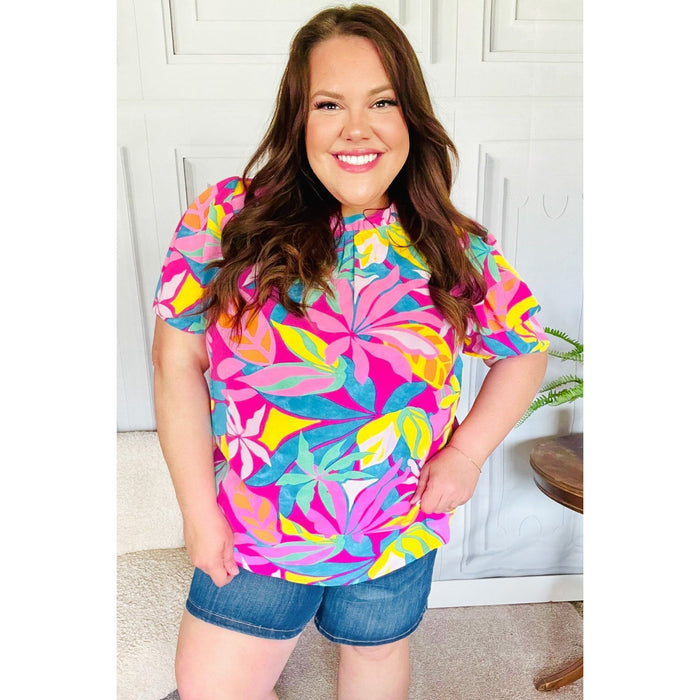 Vacay Ready Fuchsia Tropical Print Frill Mock Neck Top