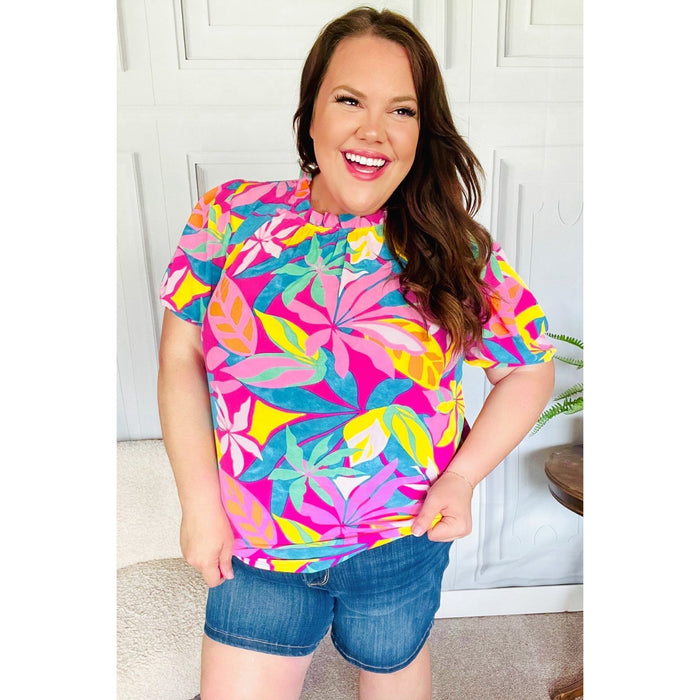 Vacay Ready Fuchsia Tropical Print Frill Mock Neck Top