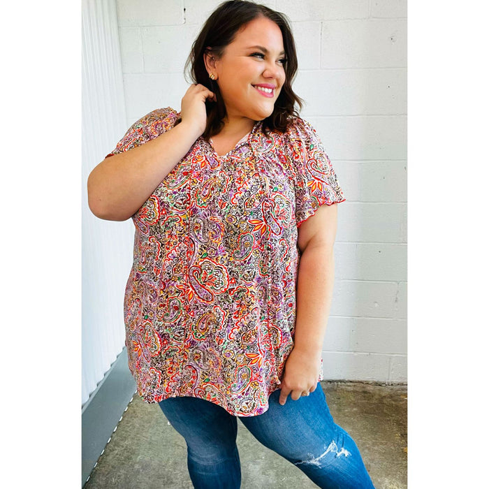 Plum Multicolor Boho Paisley Tie Neck Dolman Top