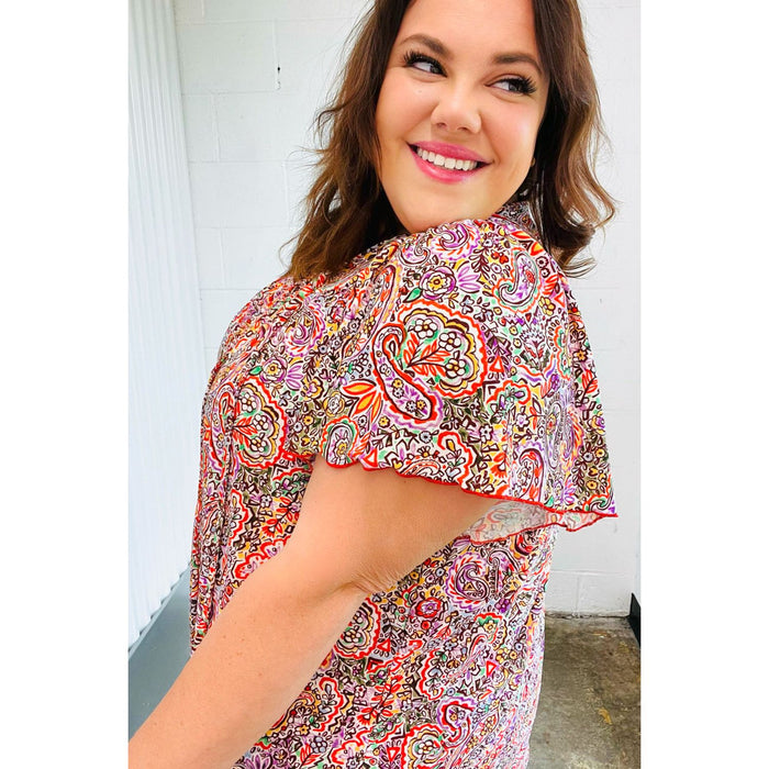 Plum Multicolor Boho Paisley Tie Neck Dolman Top