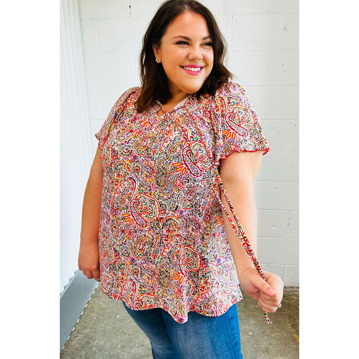 Plum Multicolor Boho Paisley Tie Neck Dolman Top