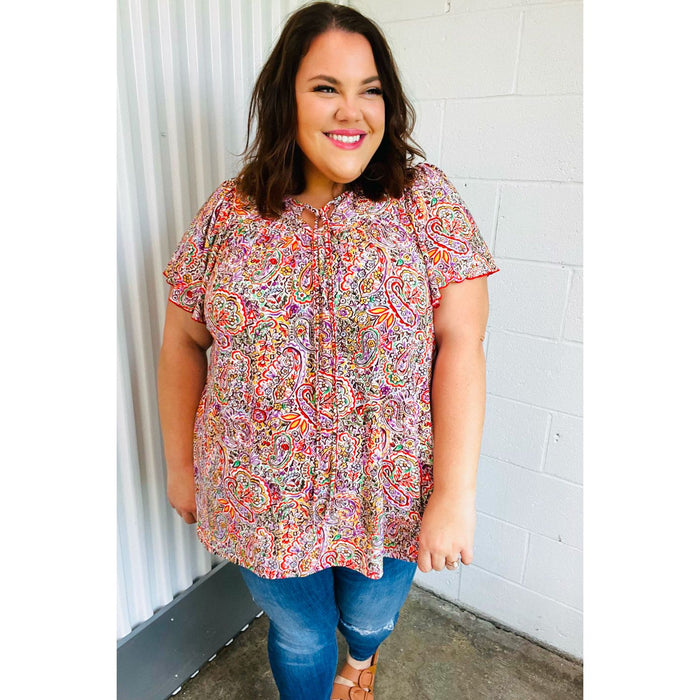 Plum Multicolor Boho Paisley Tie Neck Dolman Top