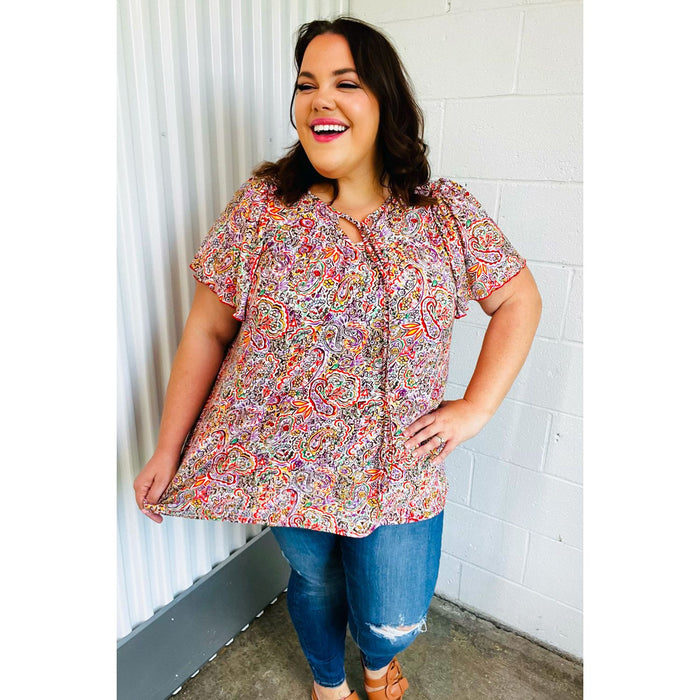 Plum Multicolor Boho Paisley Tie Neck Dolman Top