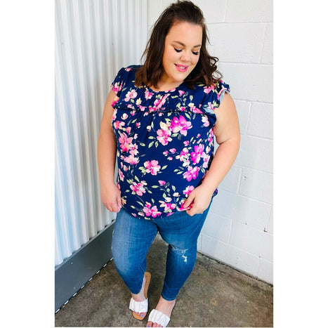 Navy & Pink Floral Print Frilled Short Sleeve Yoke Top