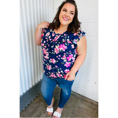 Navy & Pink Floral Print Frilled Short Sleeve Yoke Top