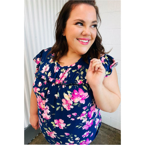 Navy & Pink Floral Print Frilled Short Sleeve Yoke Top