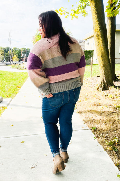 Mauve Multicolor Stripe Cable Knit Mock Neck Sweater