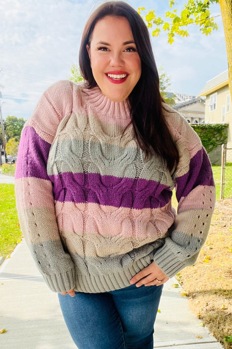 Mauve Multicolor Stripe Cable Knit Mock Neck Sweater