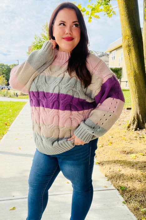 Mauve Multicolor Stripe Cable Knit Mock Neck Sweater